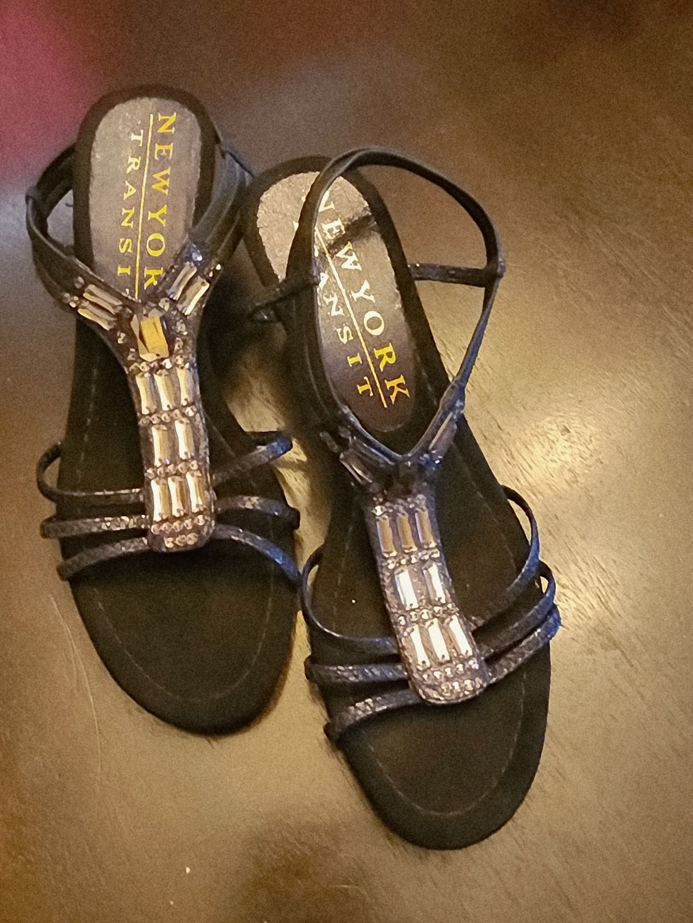 New York Transit Black Jeweled T-Strap Sandals